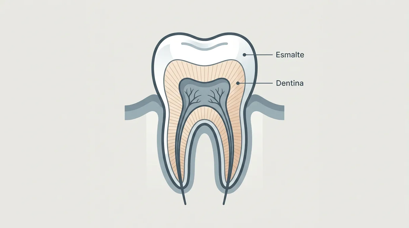 Diagrama visual que muestra la diferencia entre manchas superficiales (en el esmalte) y manchas intrínsecas (en la dentina) para ayudar al paciente a entender el origen.