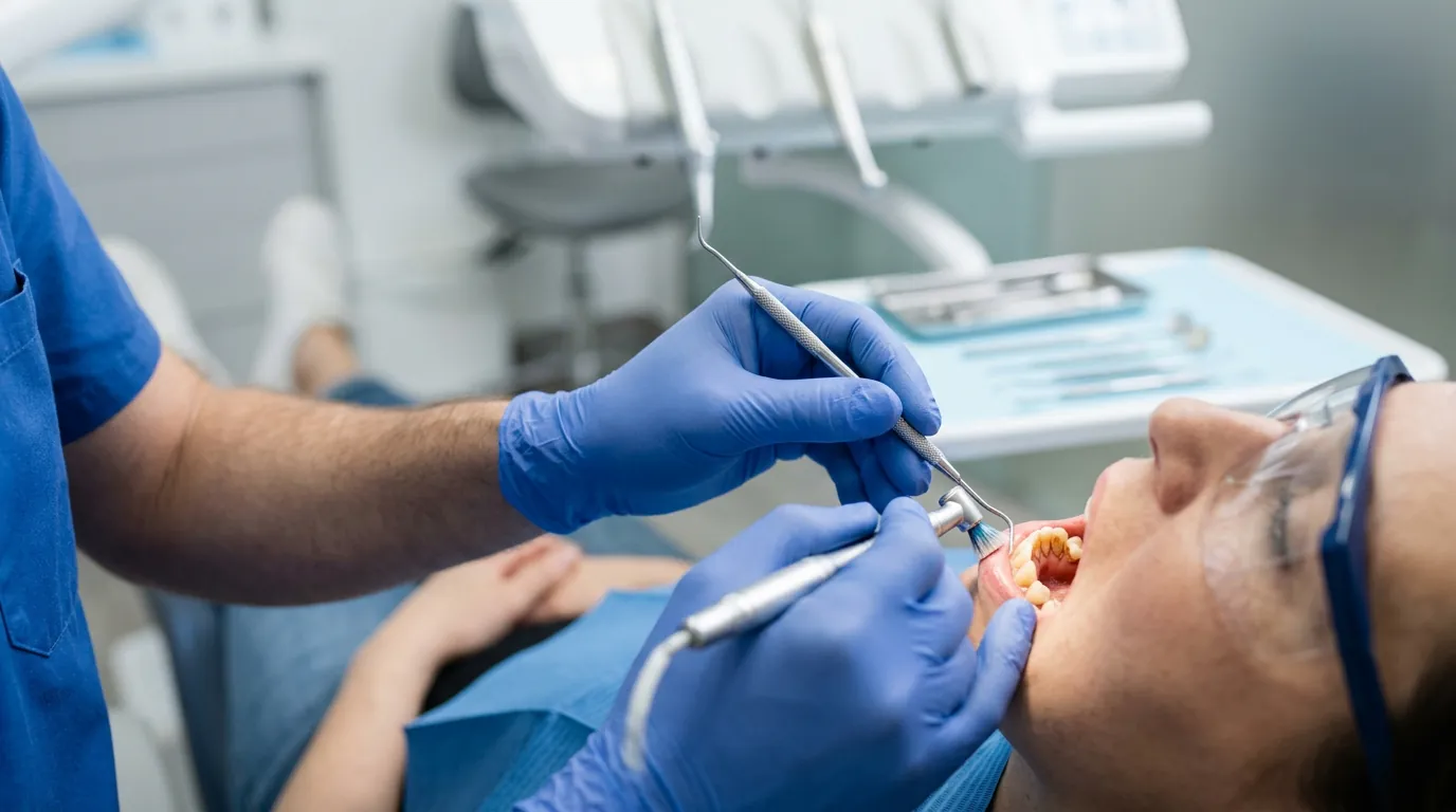 Ilustración de una limpieza dental profesional en un entorno clínico, destacando la higiene y el equipo especializado.