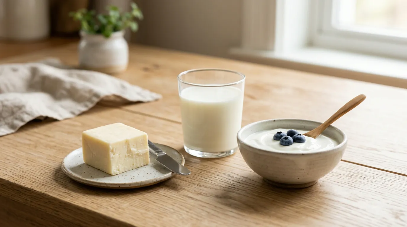 Selección de alimentos saludables recomendados para fortalecer el esmalte dental sobre una superficie de madera clara