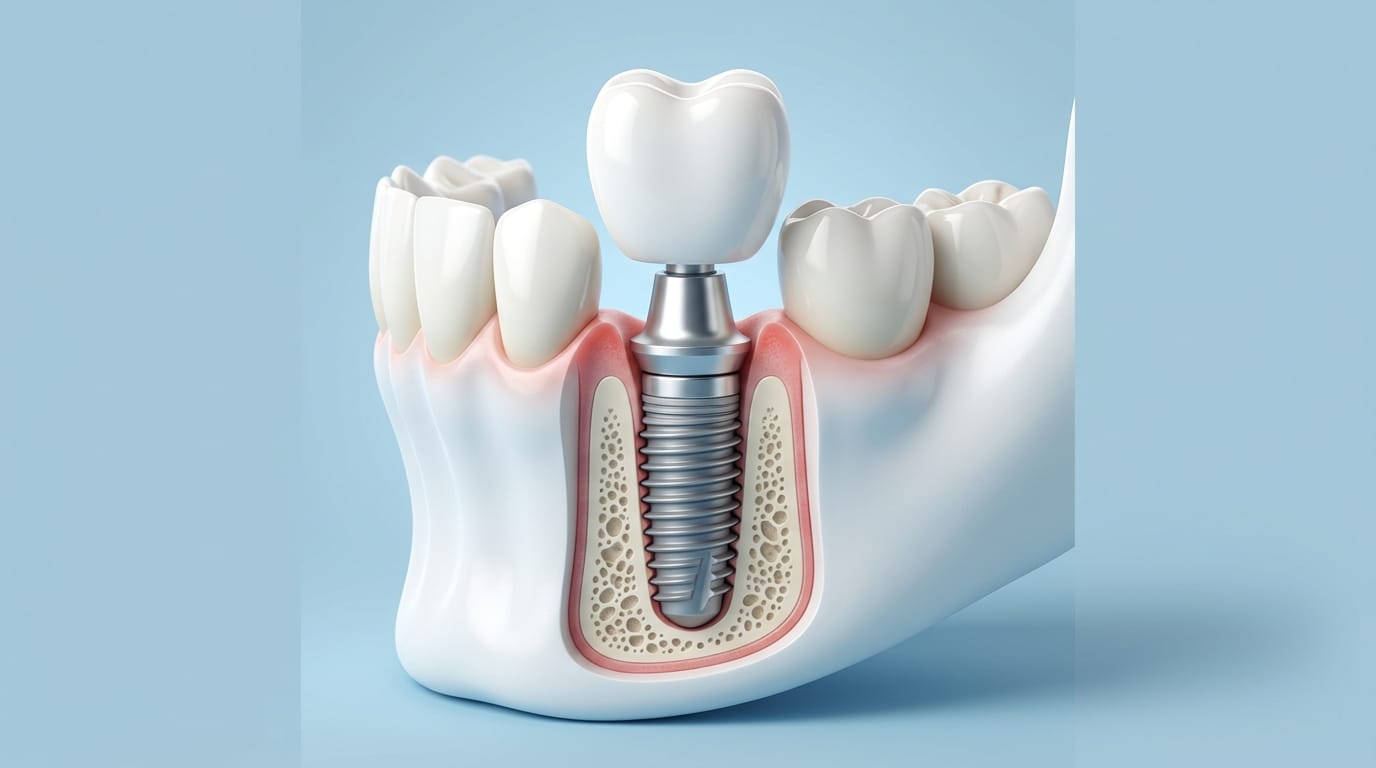 Ilustración educativa que muestra las partes de un implante dental y la zona de la encía